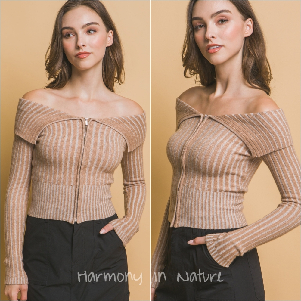Zip-Me-Up Bardot Ribbed Top - Khaki